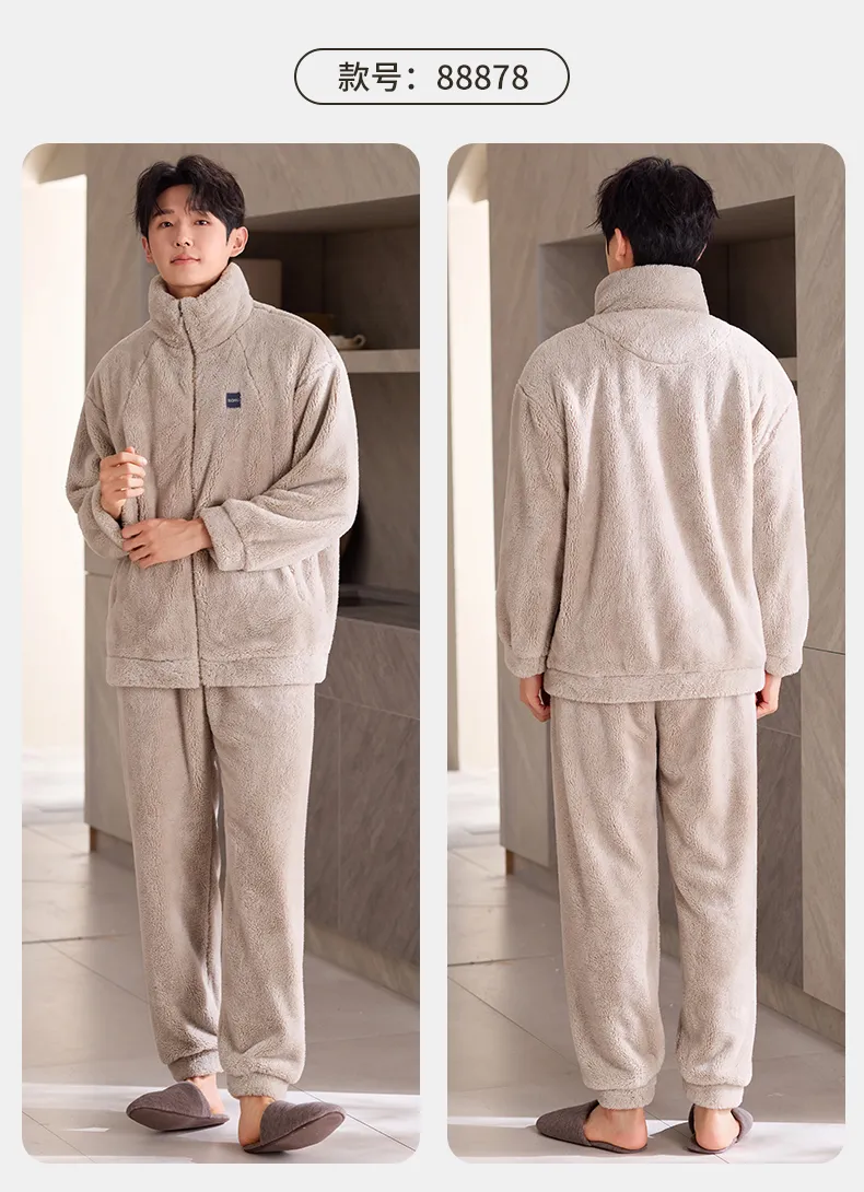 New Coral Fleece Long-Length Thickened Warm Men's Sporty Stand-Collar Zipper Wearable Outside Loungewear Set · Wholesale · OEM · Worldwide Shipping - Detail 12