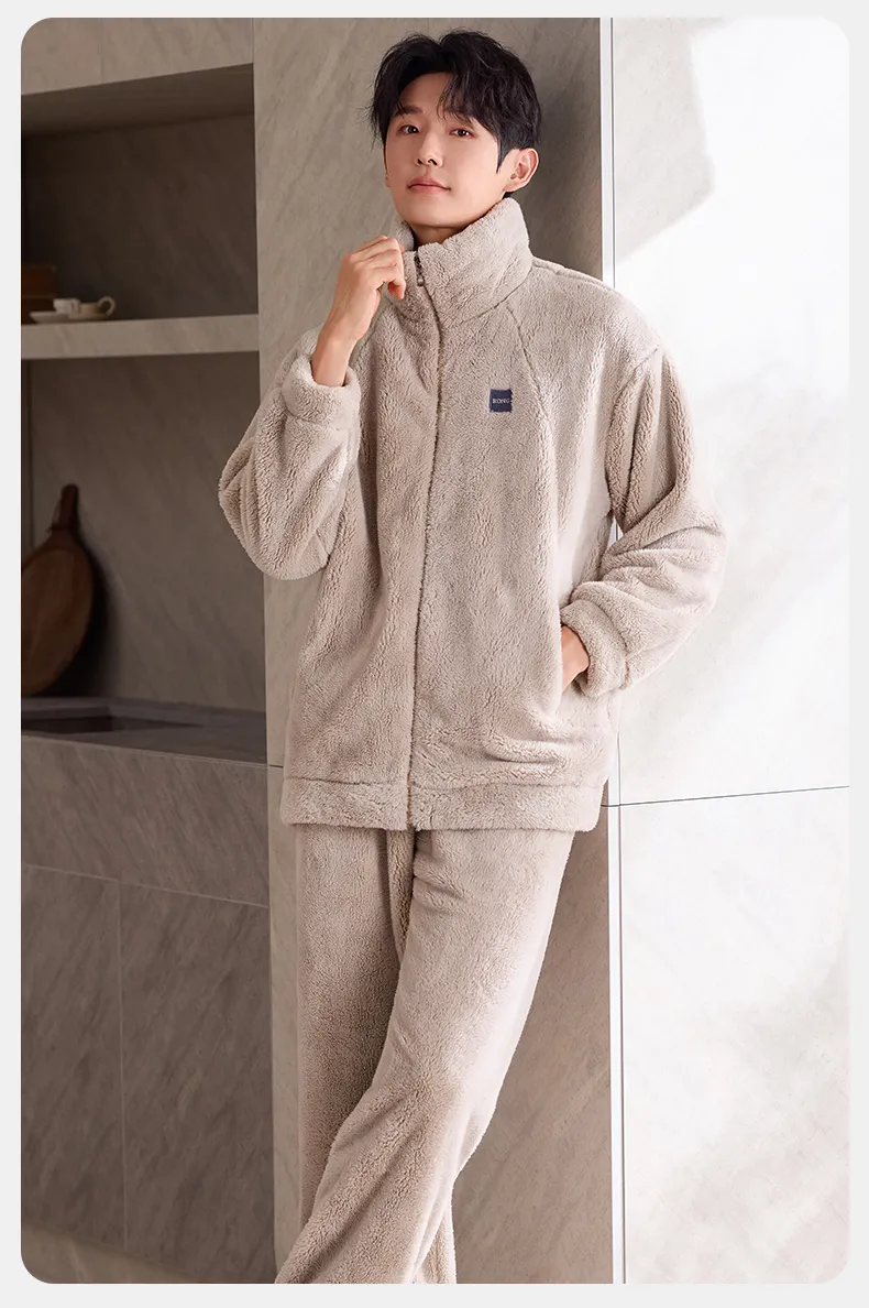 New Coral Fleece Long-Length Thickened Warm Men's Sporty Stand-Collar Zipper Wearable Outside Loungewear Set · Wholesale · OEM · Worldwide Shipping - Detail 11