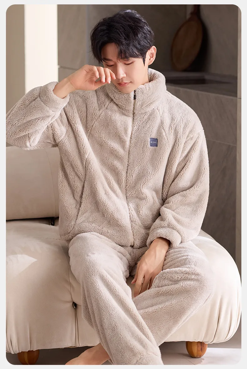 New Coral Fleece Long-Length Thickened Warm Men's Sporty Stand-Collar Zipper Wearable Outside Loungewear Set · Wholesale · OEM · Worldwide Shipping - Detail 10