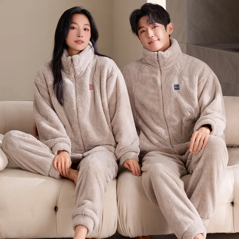 New Couple's Cozy Fleece Long-Length Thickened Warm Sporty Stand-Collar Zip-Up Wearable-Outside Loungewear Set · Wholesale · OEM · Worldwide Shipping - View 2