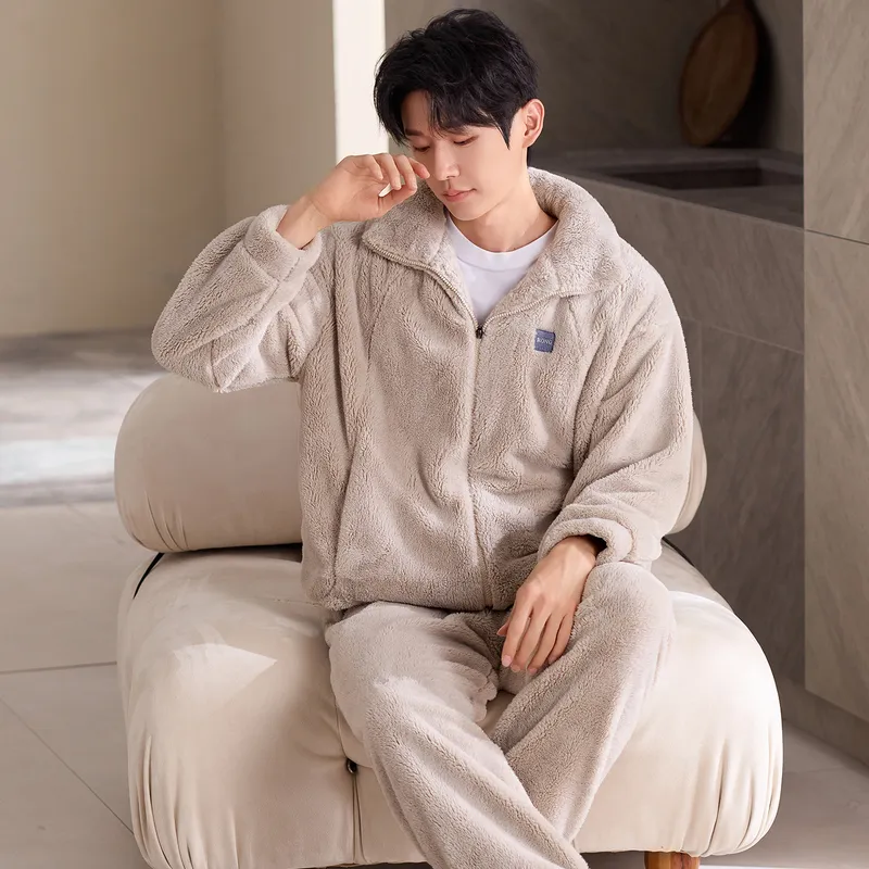 New Coral Fleece Long-Length Thickened Warm Men's Sporty Stand-Collar Zipper Wearable Outside Loungewear Set · Wholesale · OEM · Worldwide Shipping - View 2