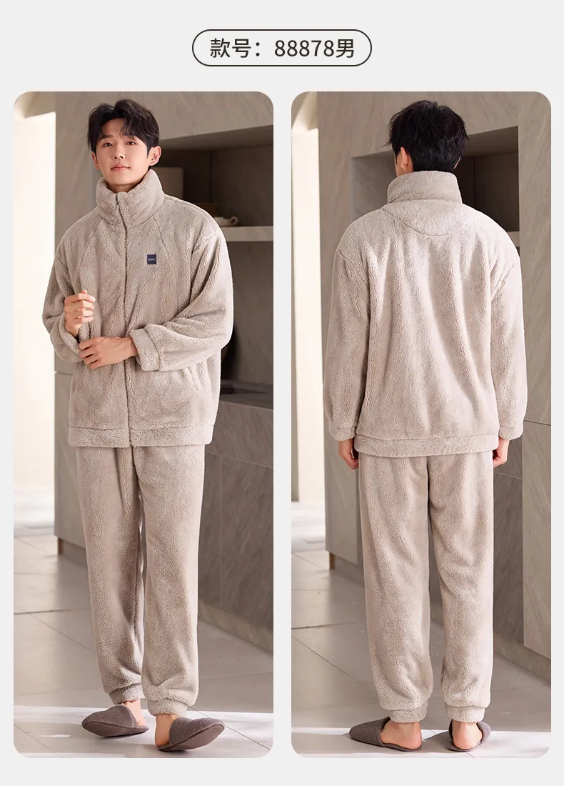 New Couple's Cozy Fleece Long-Length Thickened Warm Sporty Stand-Collar Zip-Up Wearable-Outside Loungewear Set · Wholesale · OEM · Worldwide Shipping - Detail 15