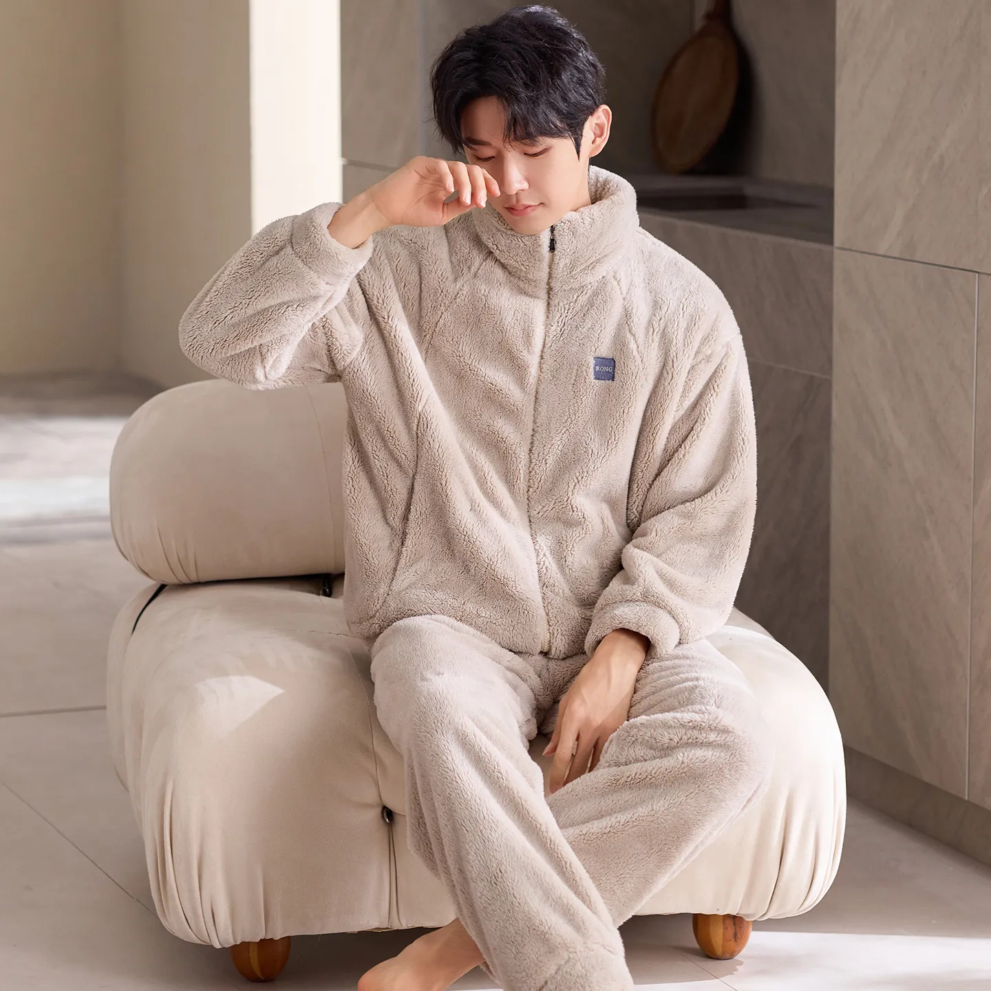 New Coral Fleece Long-Length Thickened Warm Men's Sporty Stand-Collar Zipper Wearable Outside Loungewear Set · Wholesale · OEM · Worldwide Shipping - Detail 1