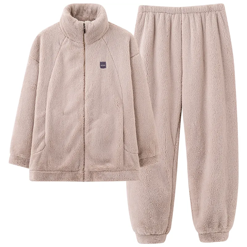 New Couple's Cozy Fleece Long-Length Thickened Warm Sporty Stand-Collar Zip-Up Wearable-Outside Loungewear Set · Wholesale · OEM · Worldwide Shipping - View 4