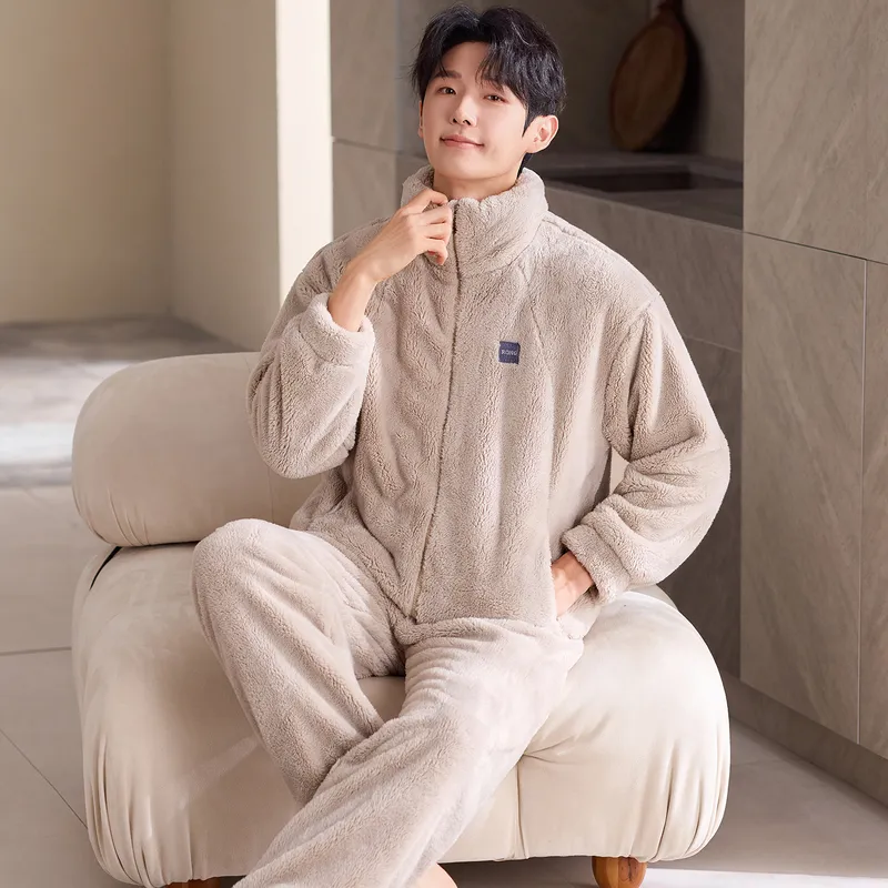 New Coral Fleece Long-Length Thickened Warm Men's Sporty Stand-Collar Zipper Wearable Outside Loungewear Set · Wholesale · OEM · Worldwide Shipping - View 1