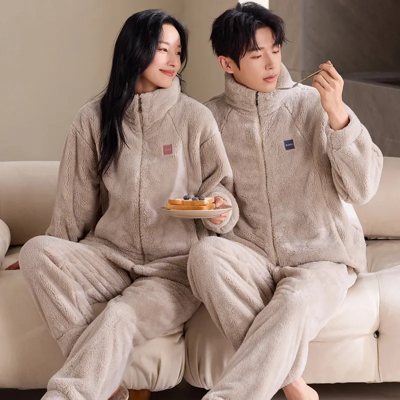 New Couple's Cozy Fleece Long-Length Thickened Warm Sporty Stand-Collar Zip-Up Wearable-Outside Loungewear Set · Wholesale · OEM · Worldwide Shipping