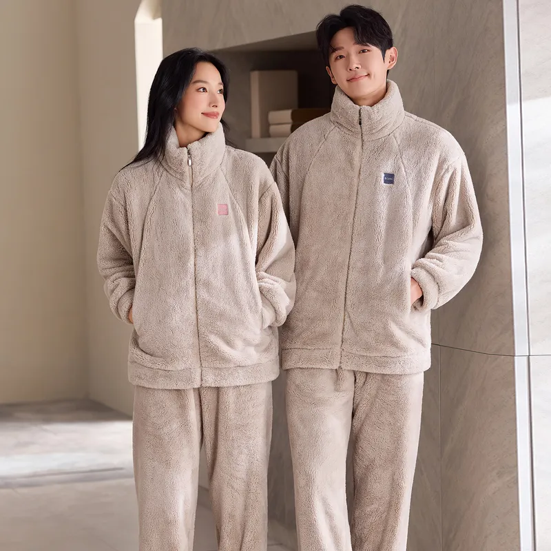 New Couple's Cozy Fleece Long-Length Thickened Warm Sporty Stand-Collar Zip-Up Wearable-Outside Loungewear Set · Wholesale · OEM · Worldwide Shipping - View 3