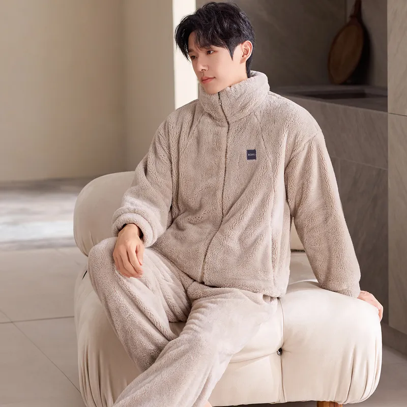 New Coral Fleece Long-Length Thickened Warm Men's Sporty Stand-Collar Zipper Wearable Outside Loungewear Set · Wholesale · OEM · Worldwide Shipping - View 3