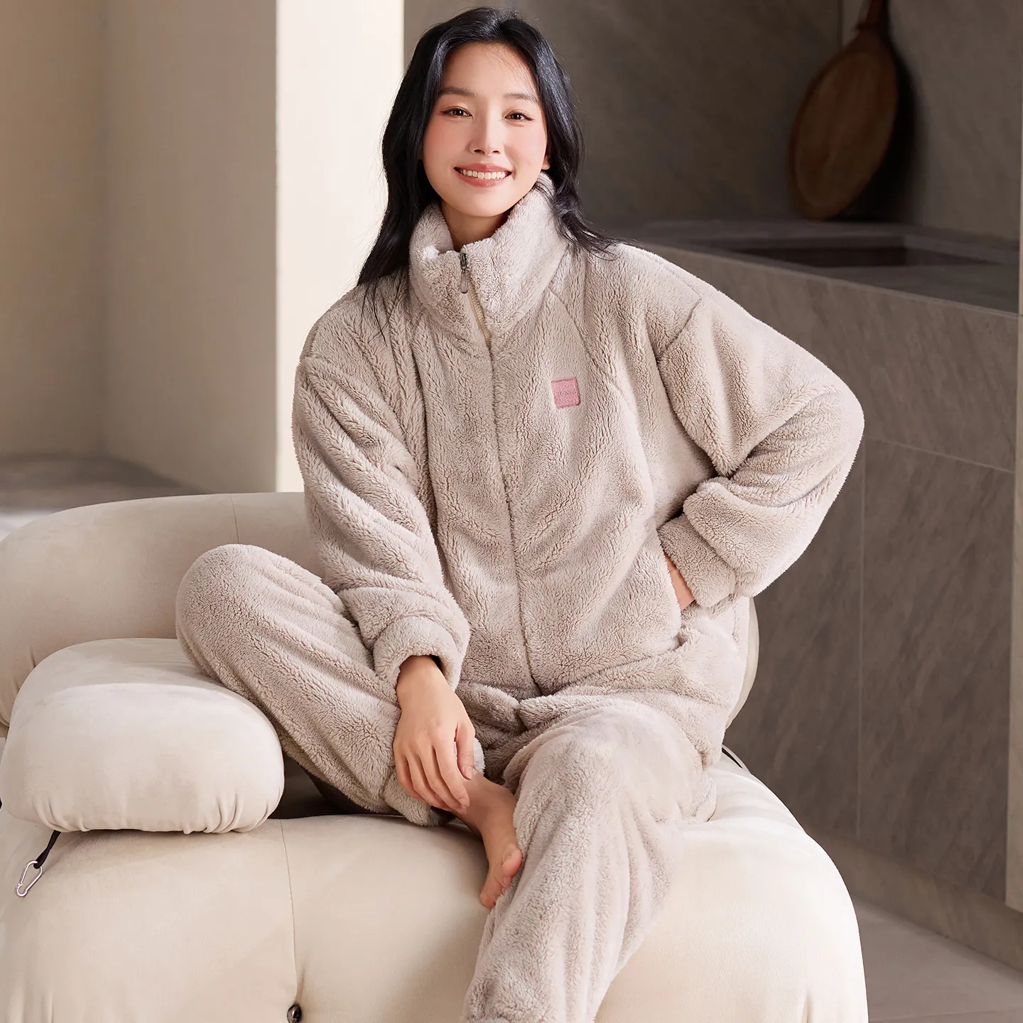 New Couple's Cozy Fleece Long-Length Thickened Warm Sporty Stand-Collar Zip-Up Wearable-Outside Loungewear Set · Wholesale · OEM · Worldwide Shipping - Detail 2