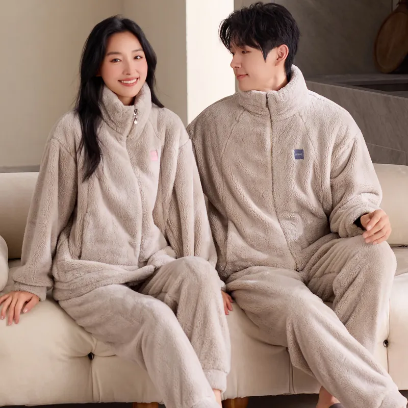 New Couple's Cozy Fleece Long-Length Thickened Warm Sporty Stand-Collar Zip-Up Wearable-Outside Loungewear Set · Wholesale · OEM · Worldwide Shipping - View 1