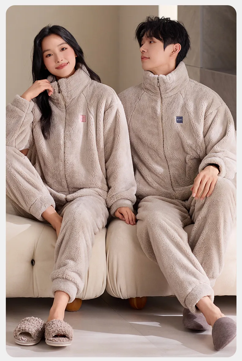 New Couple's Cozy Fleece Long-Length Thickened Warm Sporty Stand-Collar Zip-Up Wearable-Outside Loungewear Set · Wholesale · OEM · Worldwide Shipping - Detail 12