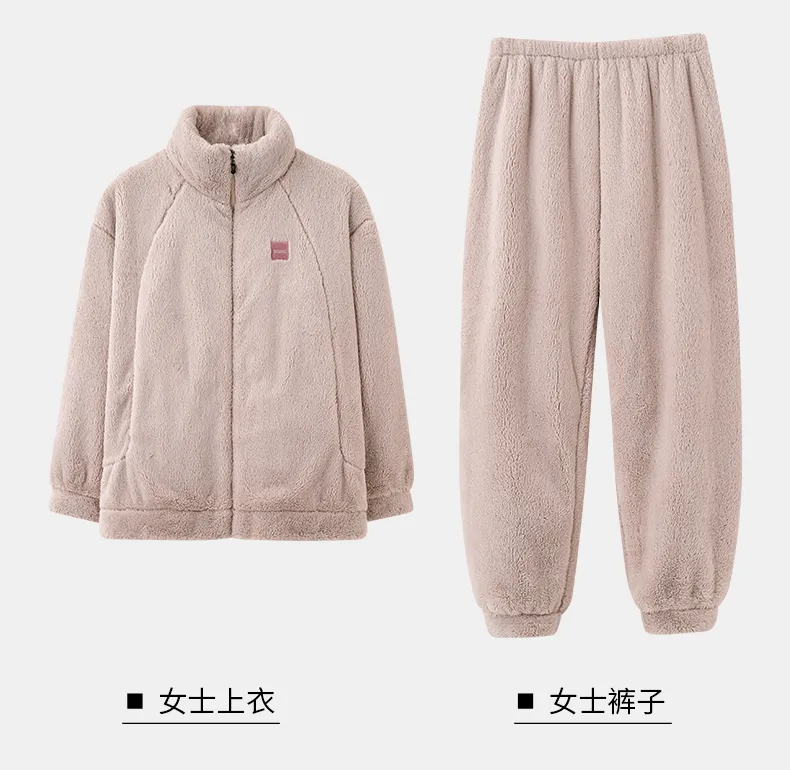 New Couple's Cozy Fleece Long-Length Thickened Warm Sporty Stand-Collar Zip-Up Wearable-Outside Loungewear Set · Wholesale · OEM · Worldwide Shipping - Detail 17