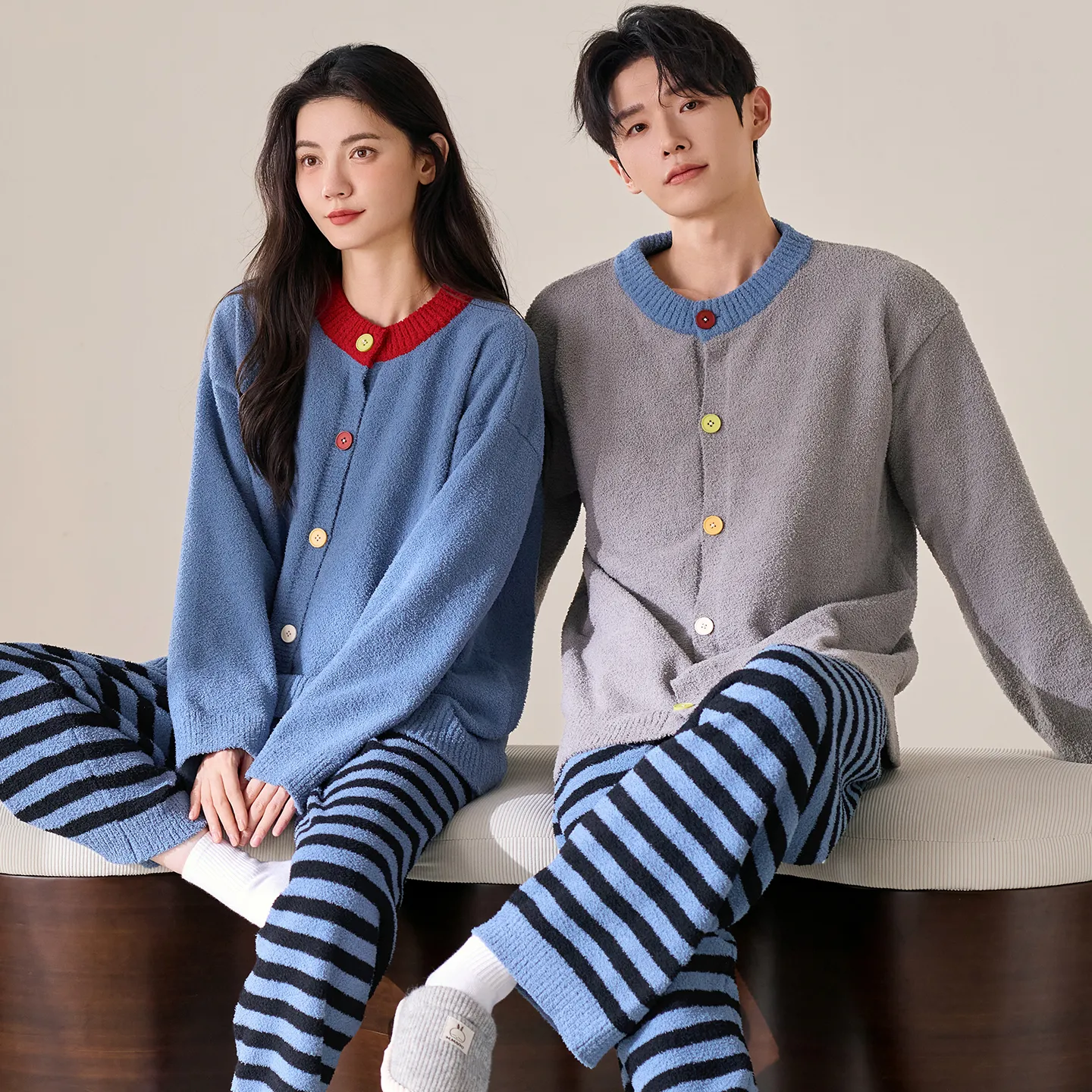 New Pajamas Couple Half-Side Fleece Lined Thickened Warm Fashion Striped Wearable Outside Homewear Set · Wholesale · OEM · Worldwide Shipping - View 2