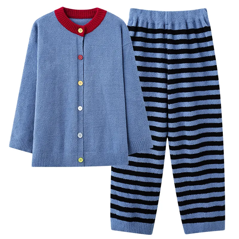New Pajamas Couple Half-Side Fleece Lined Thickened Warm Fashion Striped Wearable Outside Homewear Set · Wholesale · OEM · Worldwide Shipping - View 4