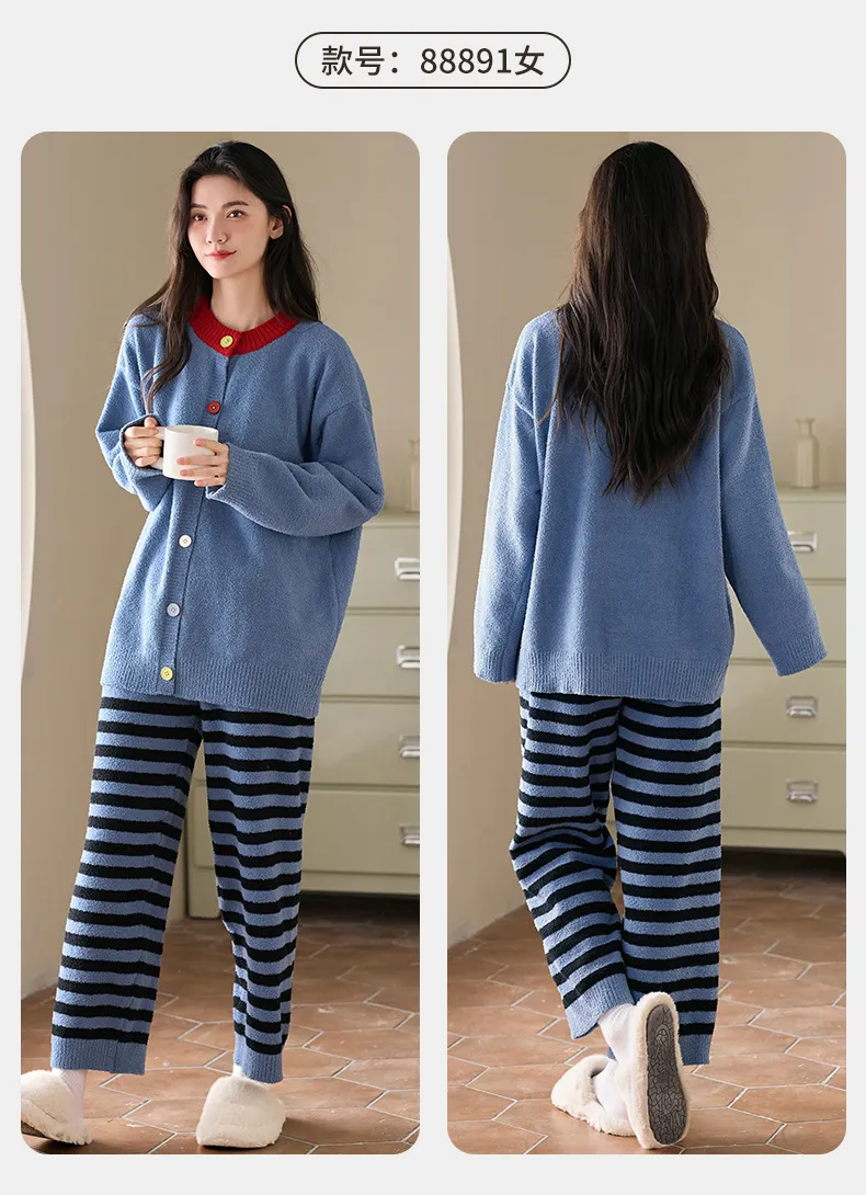 New Pajamas Couple Half-Side Fleece Lined Thickened Warm Fashion Striped Wearable Outside Homewear Set · Wholesale · OEM · Worldwide Shipping - Detail 14