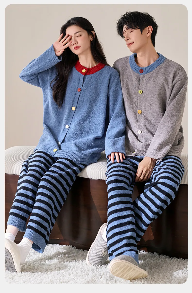 New Pajamas Couple Half-Side Fleece Lined Thickened Warm Fashion Striped Wearable Outside Homewear Set · Wholesale · OEM · Worldwide Shipping - Detail 13
