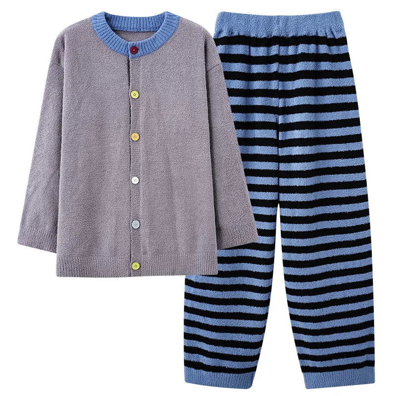 New Pajamas Couple Half-Side Fleece Lined Thickened Warm Fashion Striped Wearable Outside Homewear Set · Wholesale · OEM · Worldwide Shipping - View 3