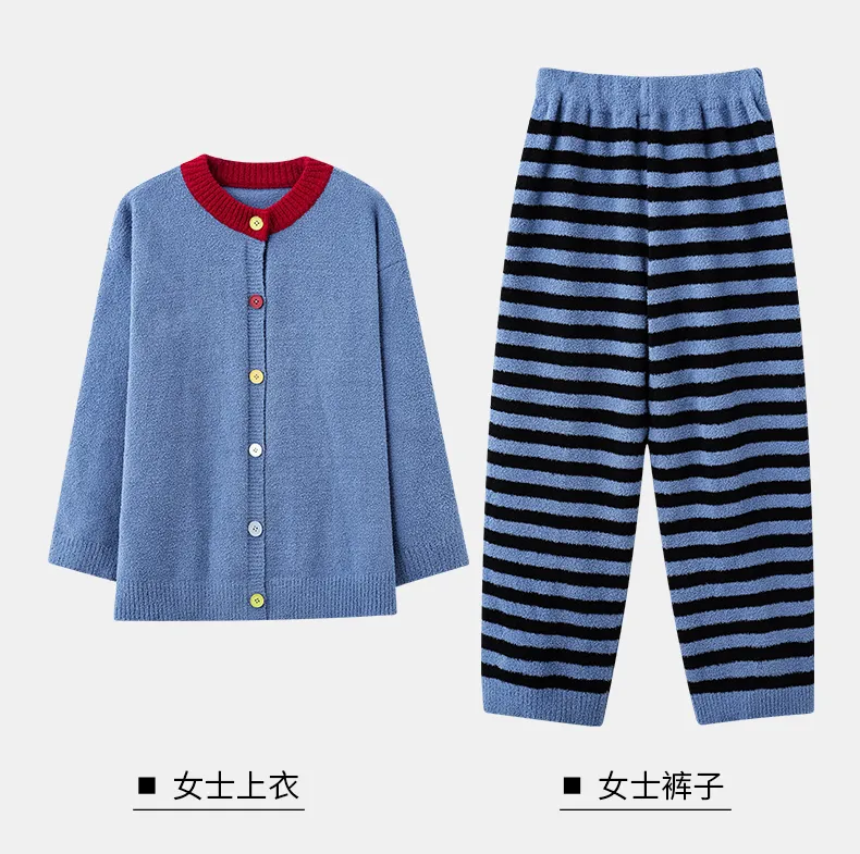 New Pajamas Couple Half-Side Fleece Lined Thickened Warm Fashion Striped Wearable Outside Homewear Set · Wholesale · OEM · Worldwide Shipping - Detail 17