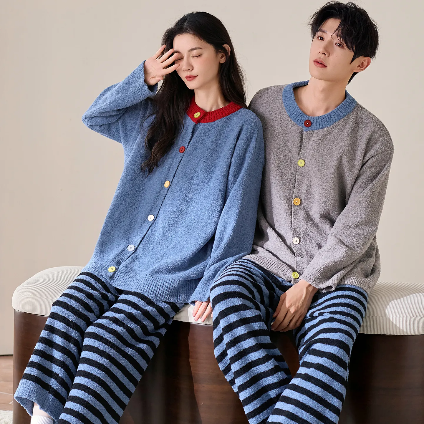 New Pajamas Couple Half-Side Fleece Lined Thickened Warm Fashion Striped Wearable Outside Homewear Set · Wholesale · OEM · Worldwide Shipping - View 1