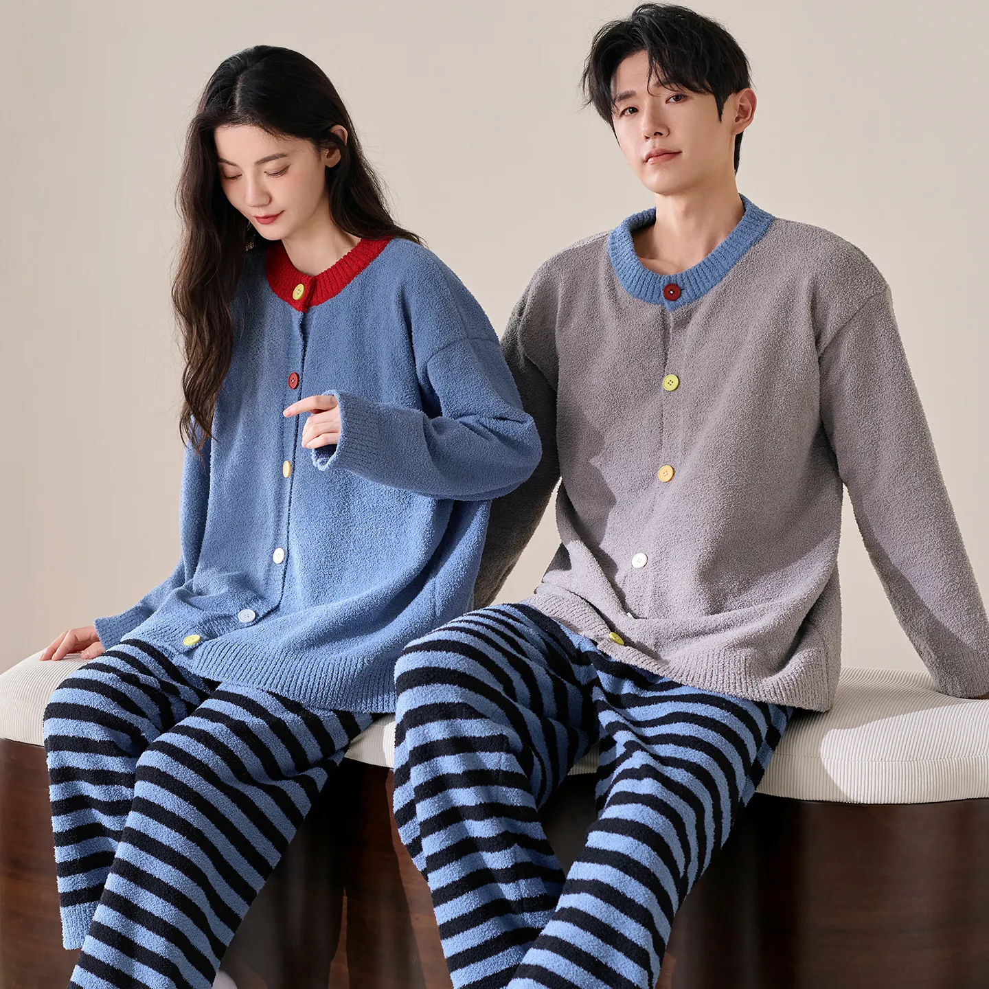 New Pajamas Couple Half-Side Fleece Lined Thickened Warm Fashion Striped Wearable Outside Homewear Set · Wholesale · OEM · Worldwide Shipping