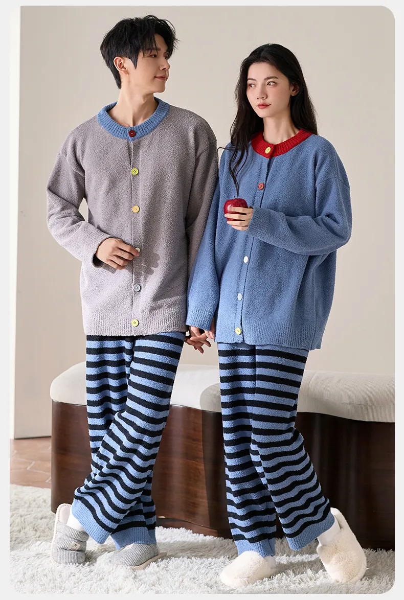 New Pajamas Couple Half-Side Fleece Lined Thickened Warm Fashion Striped Wearable Outside Homewear Set · Wholesale · OEM · Worldwide Shipping - Detail 12