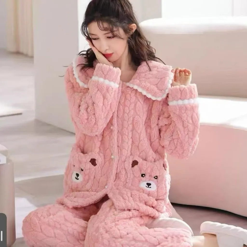 Piyama Wanita Jacquard Coral Fleece Musim Gugur Musim Dingin Coral Fleece Berbulu Tebal Kardigan Flanel · Grosir · OEM · Pengiriman Global - Detail 6