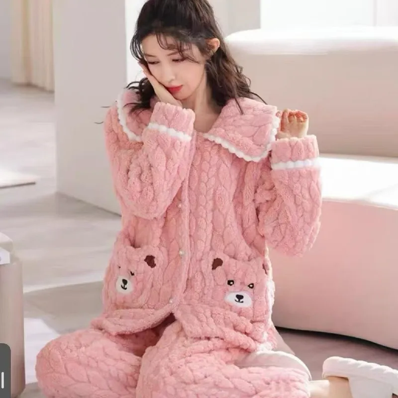Piyama Wanita Jacquard Coral Fleece Musim Gugur Musim Dingin Coral Fleece Berbulu Tebal Kardigan Flanel · Grosir · OEM · Pengiriman Global - View 2