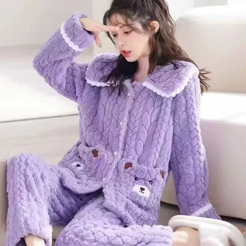 Piyama Wanita Jacquard Coral Fleece Musim Gugur Musim Dingin Coral Fleece Berbulu Tebal Kardigan Flanel · Grosir · OEM · Pengiriman Global