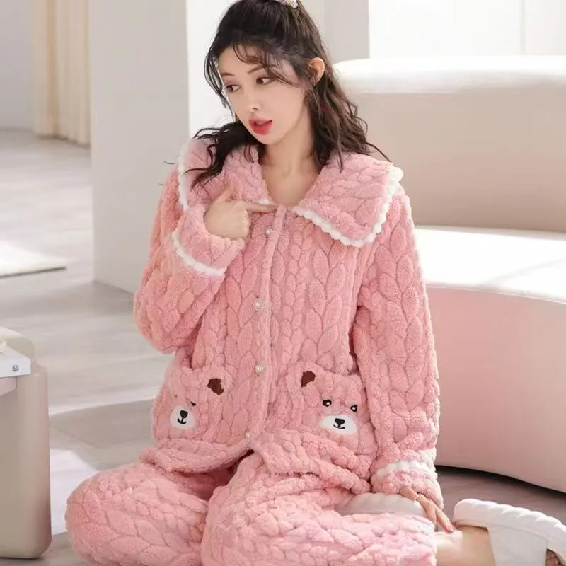 Piyama Wanita Jacquard Coral Fleece Musim Gugur Musim Dingin Coral Fleece Berbulu Tebal Kardigan Flanel · Grosir · OEM · Pengiriman Global - Detail 7