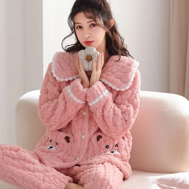 Piyama Wanita Jacquard Coral Fleece Musim Gugur Musim Dingin Coral Fleece Berbulu Tebal Kardigan Flanel · Grosir · OEM · Pengiriman Global - Detail 5