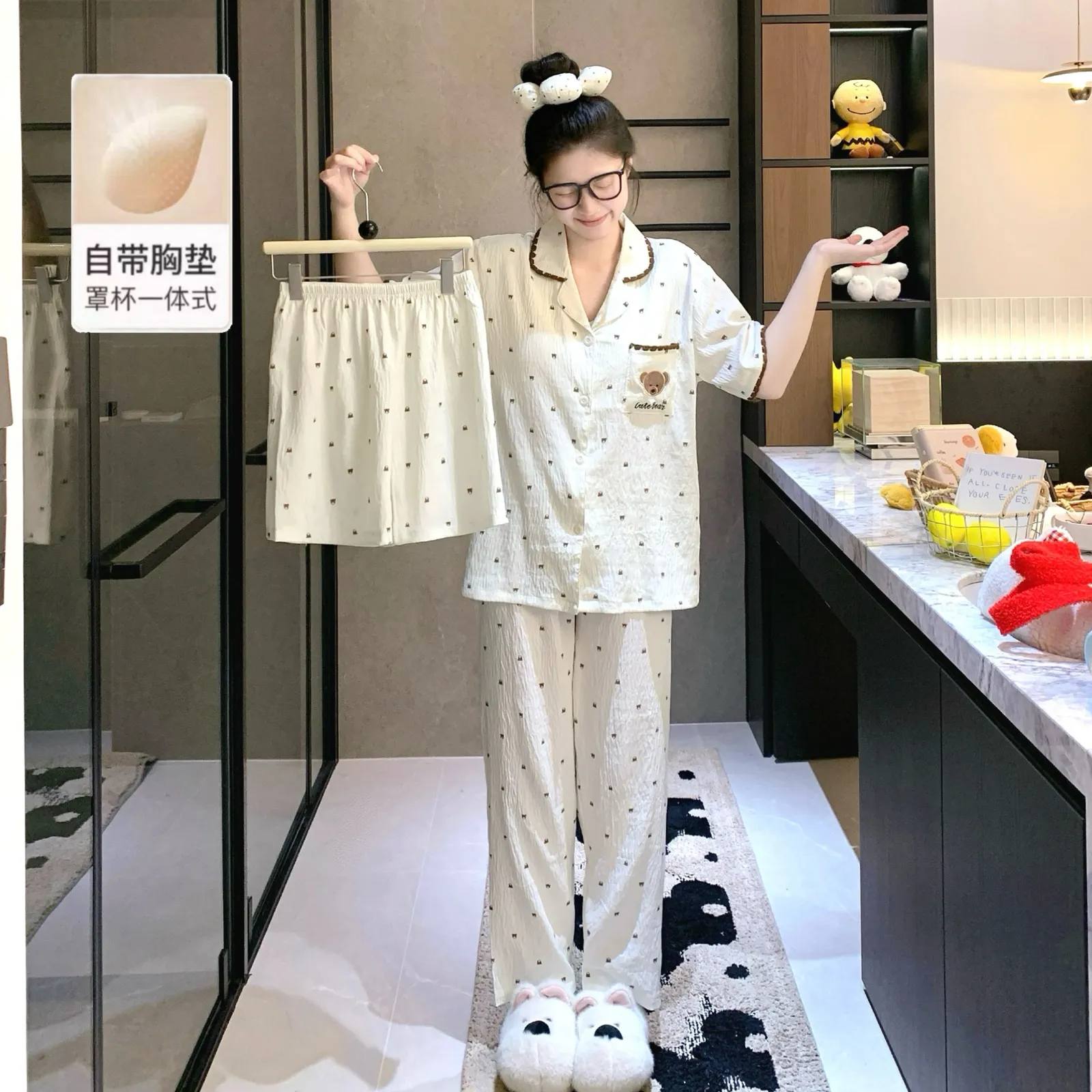 Xiaoman with Chest Pad Cloud Cotton Three-Piece Set Spring Summer Shell Collar Cardigan Girl Cartoon Homewear Wearable Out · Wholesale · OEM · Worldwide Shipping