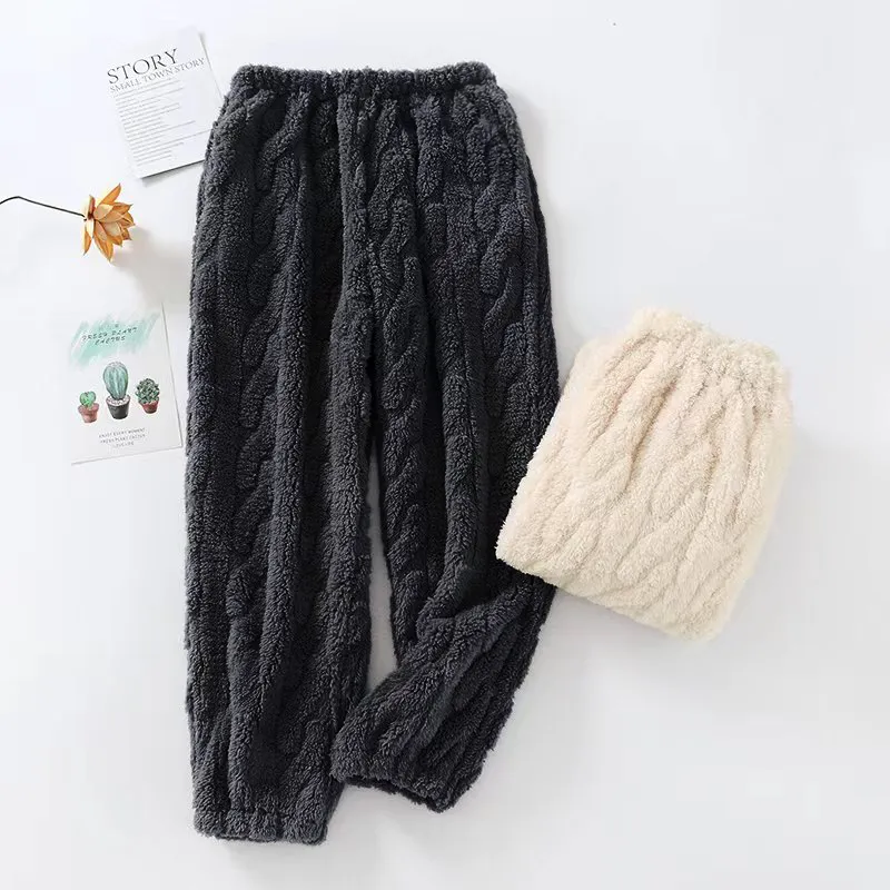Autumn Winter Couple Long Plush Pajama Pants Casual Homewear Minimalist Solid Color Mid-Rise Loose Thickened Jogger Pants Wearable Outside · Wholesale · OEM · Worldwide Shipping - View 4