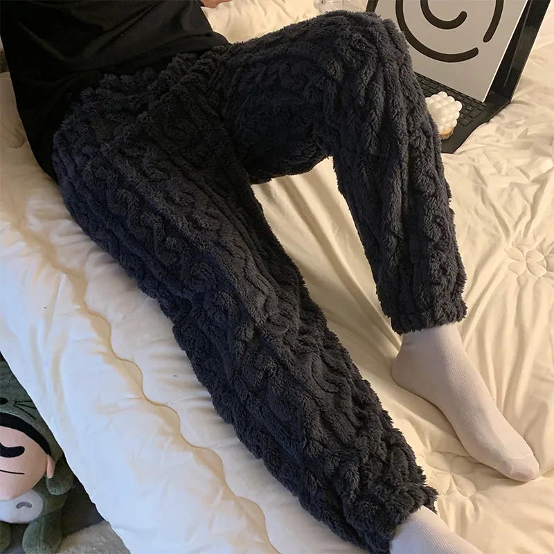 Pantalon de pyjama homme en peluche à poils longs, automne-hiver, uni et minimaliste, taille mi-haute, chaud, vêtement d'intérieur, pantalon à motif jacquard à chevilles resserrées, portable à l'extérieur · Grossiste · OEM · Mondial - View 2