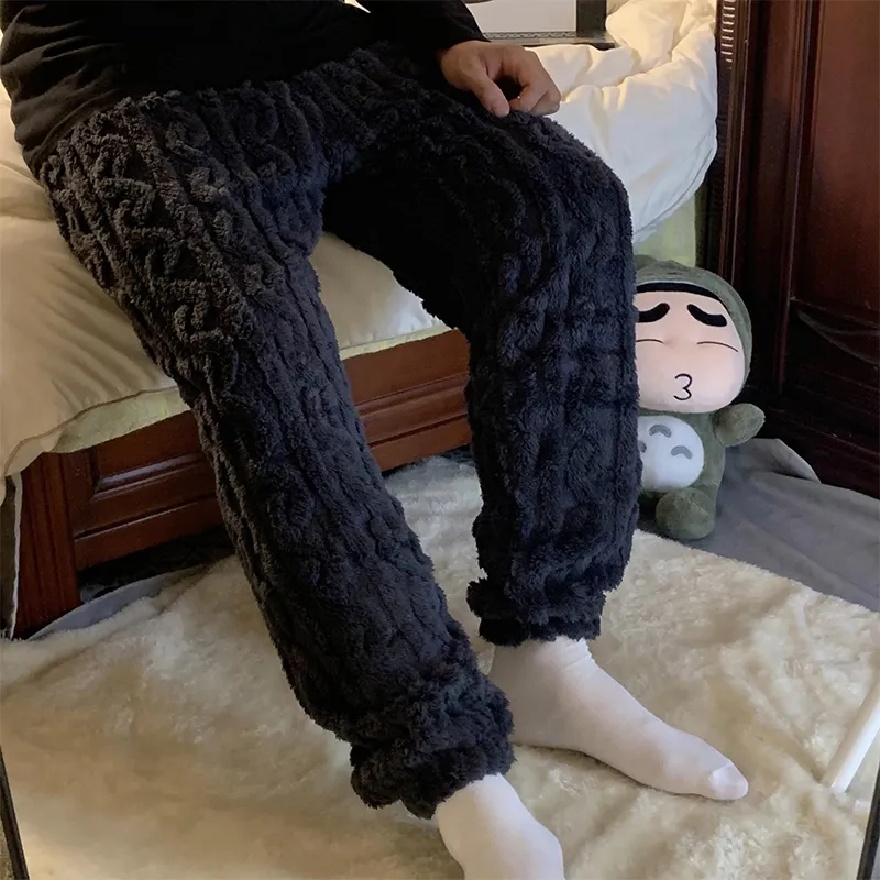 Pantalon de pyjama homme en peluche à poils longs, automne-hiver, uni et minimaliste, taille mi-haute, chaud, vêtement d'intérieur, pantalon à motif jacquard à chevilles resserrées, portable à l'extérieur · Grossiste · OEM · Mondial - View 3