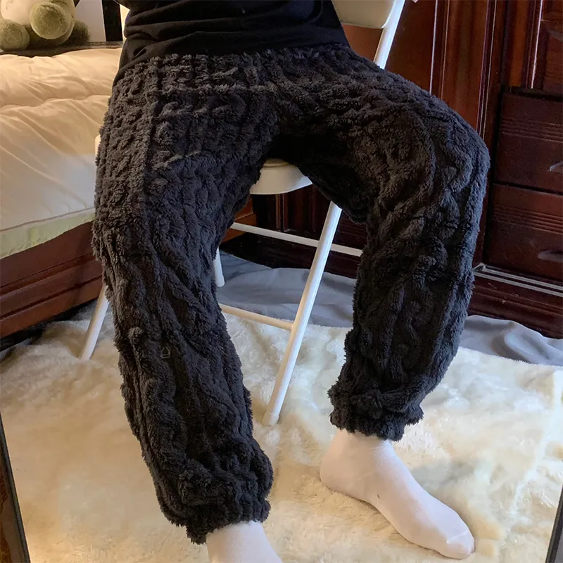 Pantalon de pyjama homme en peluche à poils longs, automne-hiver, uni et minimaliste, taille mi-haute, chaud, vêtement d'intérieur, pantalon à motif jacquard à chevilles resserrées, portable à l'extérieur · Grossiste · OEM · Mondial - View 1