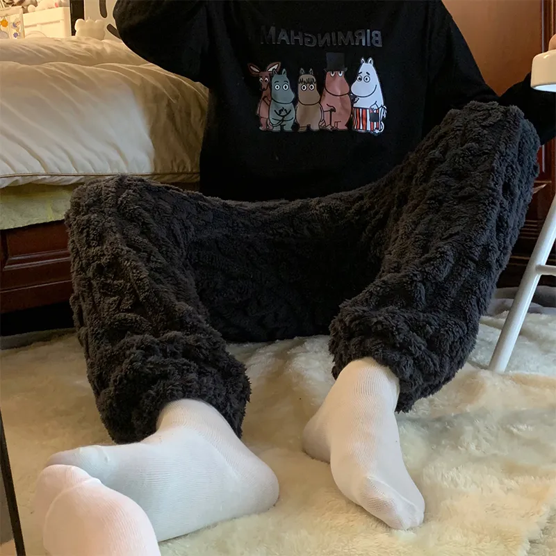 Pantalon de pyjama homme en peluche à poils longs, automne-hiver, uni et minimaliste, taille mi-haute, chaud, vêtement d'intérieur, pantalon à motif jacquard à chevilles resserrées, portable à l'extérieur · Grossiste · OEM · Mondial