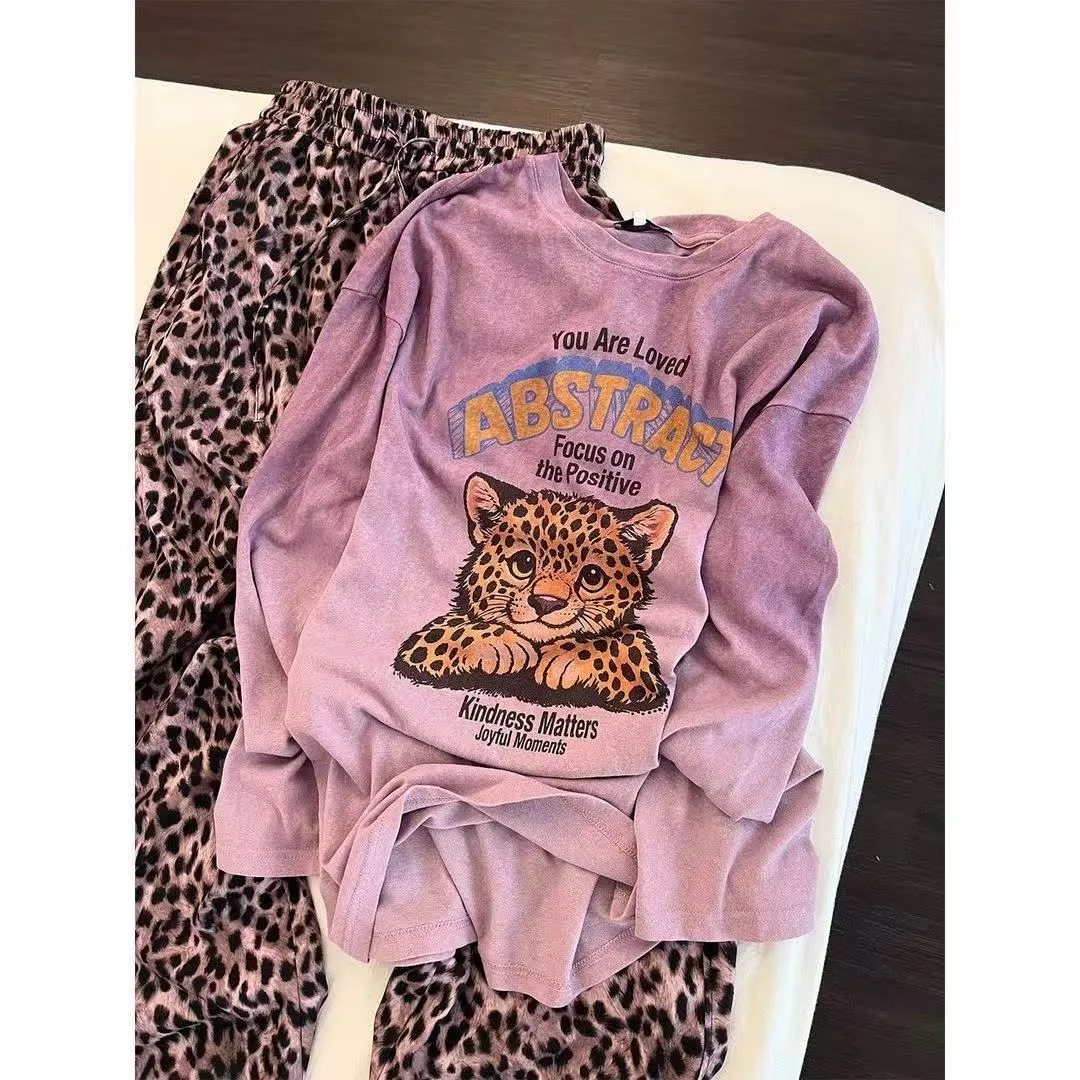 Pyjama femme style coréen, ensemble pyjama tendance printemps-automne, léopard violet mignon, tenue d'intérieur · Grossiste · OEM · Mondial - Detail 6
