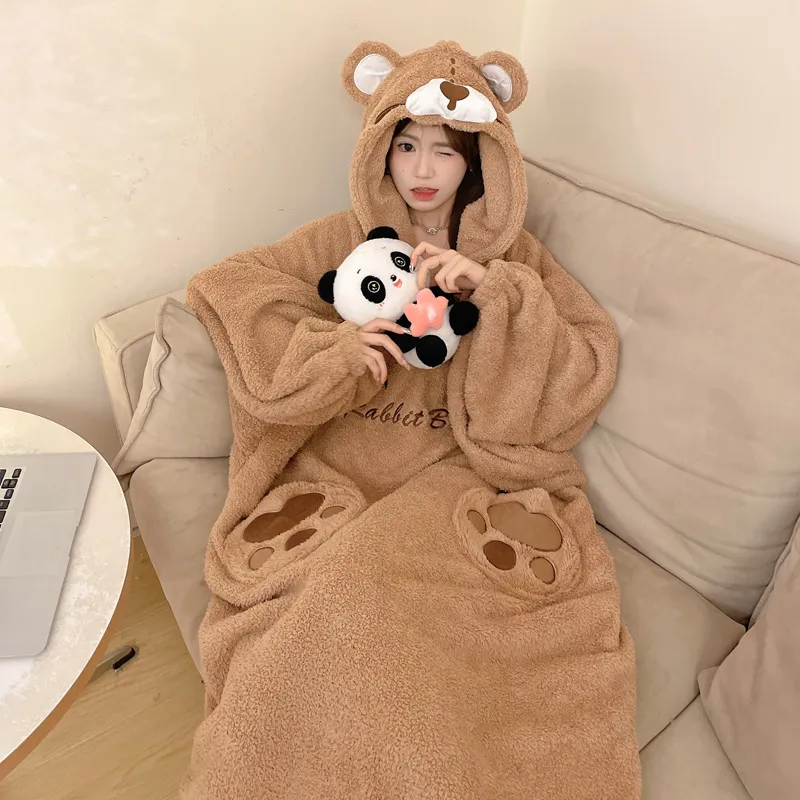 Robe de nuit combinaison en peluche pour femme, nouvelle collection hiver, polaire épaisse et doublée, chien mignon en relief, vêtement d'intérieur pour étudiantes · Grossiste · OEM · Mondial - View 3