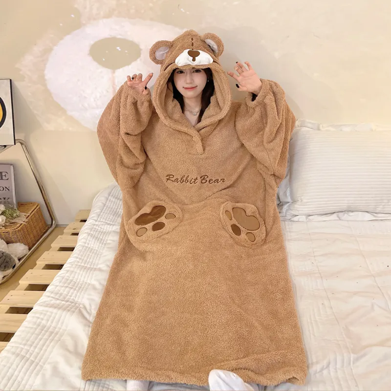 Robe de nuit combinaison en peluche pour femme, nouvelle collection hiver, polaire épaisse et doublée, chien mignon en relief, vêtement d'intérieur pour étudiantes · Grossiste · OEM · Mondial - View 2