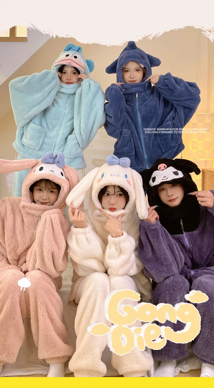 Robe de nuit combinaison en peluche pour femme, nouvelle collection hiver, polaire épaisse et doublée, chien mignon en relief, vêtement d'intérieur pour étudiantes · Grossiste · OEM · Mondial - Detail 12