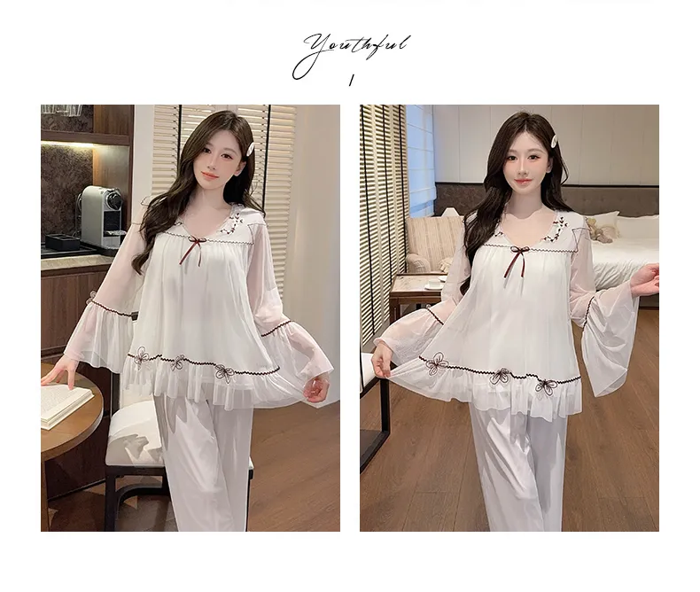 Chengxin Women's Autumn Pajama Set, Princess Style Cotton-Like Lining with Lace and Mesh, Sweet Design with Padding · Wholesale · OEM · Worldwide Shipping - Detail 5
