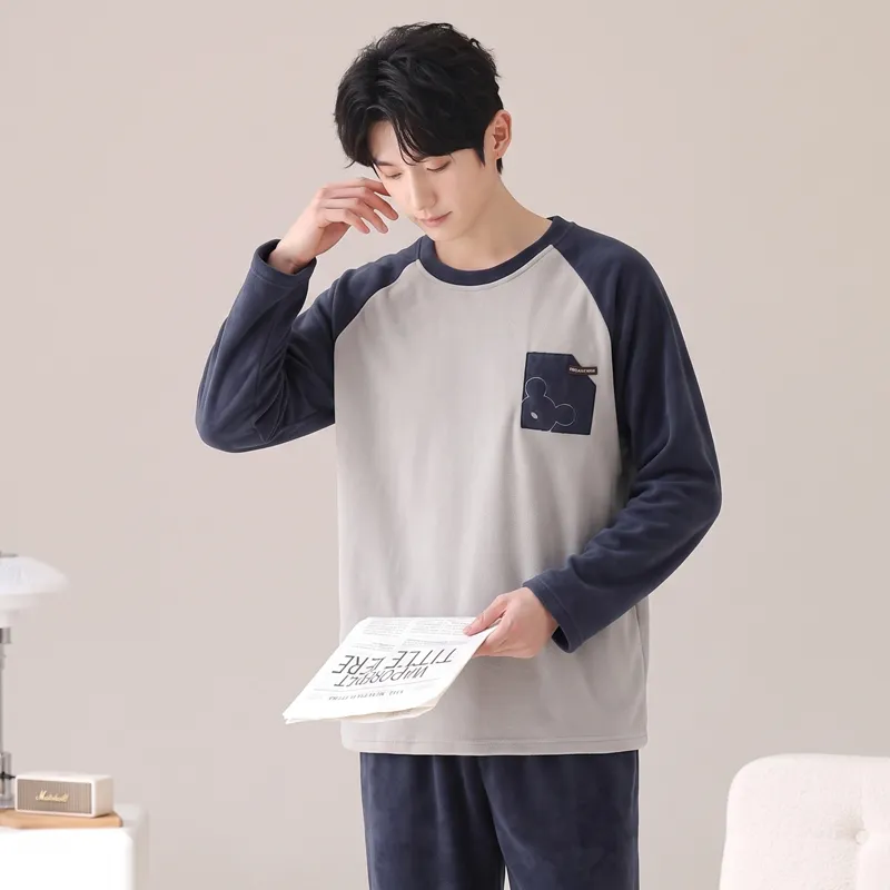겨울 신상 남성 파자마 양면 아일랜드 플리스 두꺼운 캐주얼 홈웨어 남성 외출 가능 남성 파자마 세트 · 도매 · OEM · 전 세계 배송 - View 3