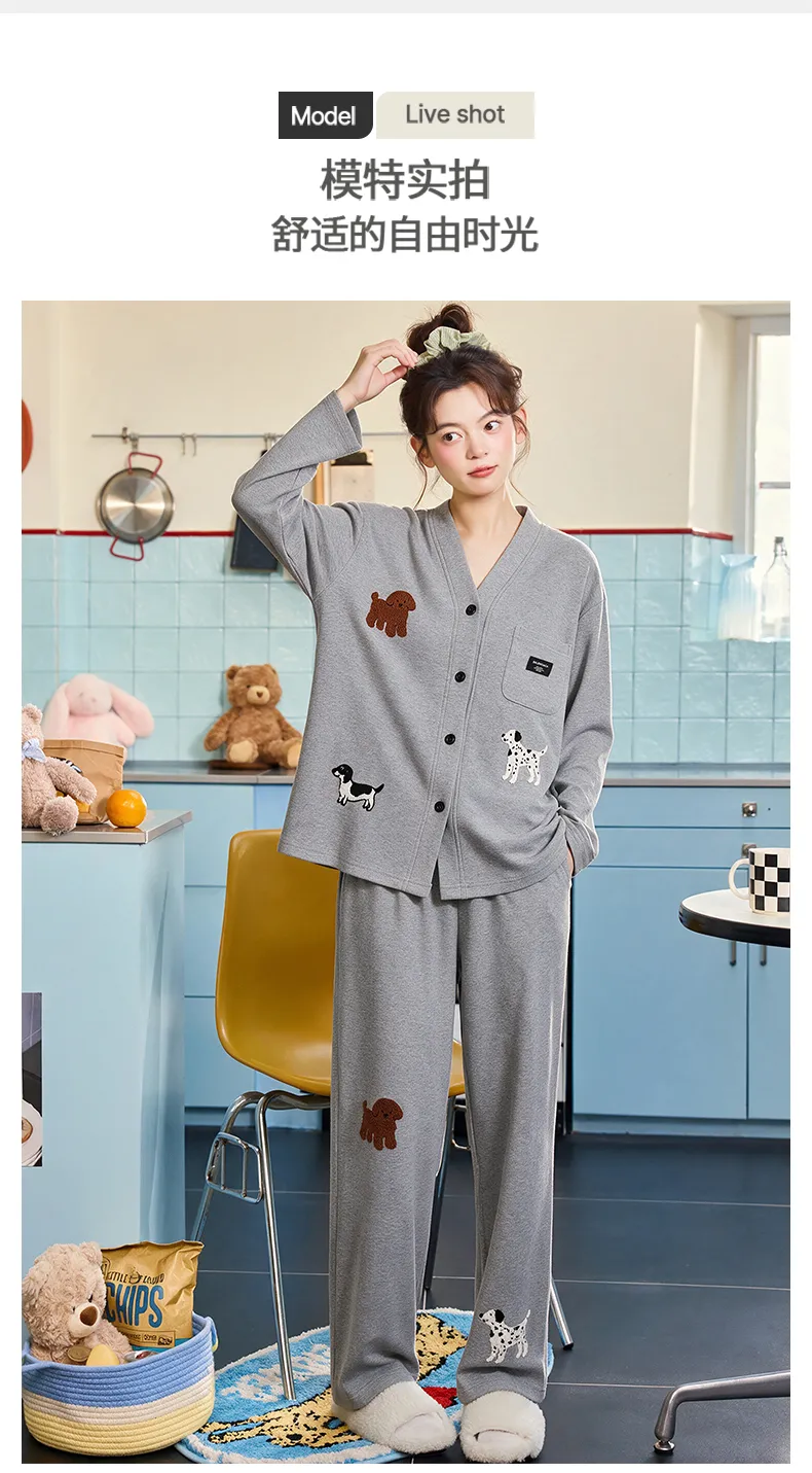 파자마 여성 가을겨울 신상 순면 달콤한 가슴패드 포함 카디건 파자마 여성 홈웨어 외출 세트 · 도매 · OEM · 전 세계 배송 - Detail 13