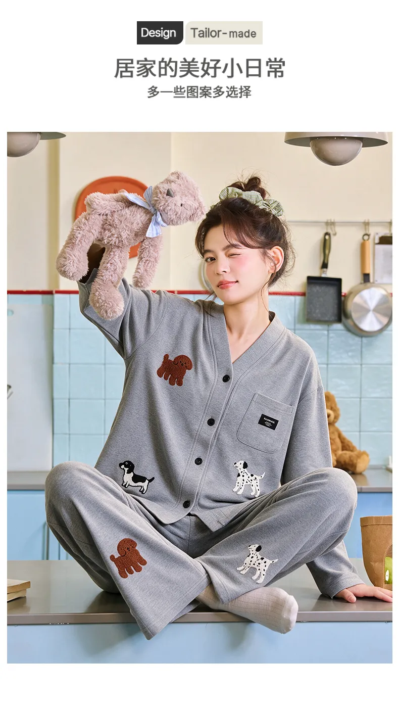 파자마 여성 가을겨울 신상 순면 달콤한 가슴패드 포함 카디건 파자마 여성 홈웨어 외출 세트 · 도매 · OEM · 전 세계 배송 - Detail 4