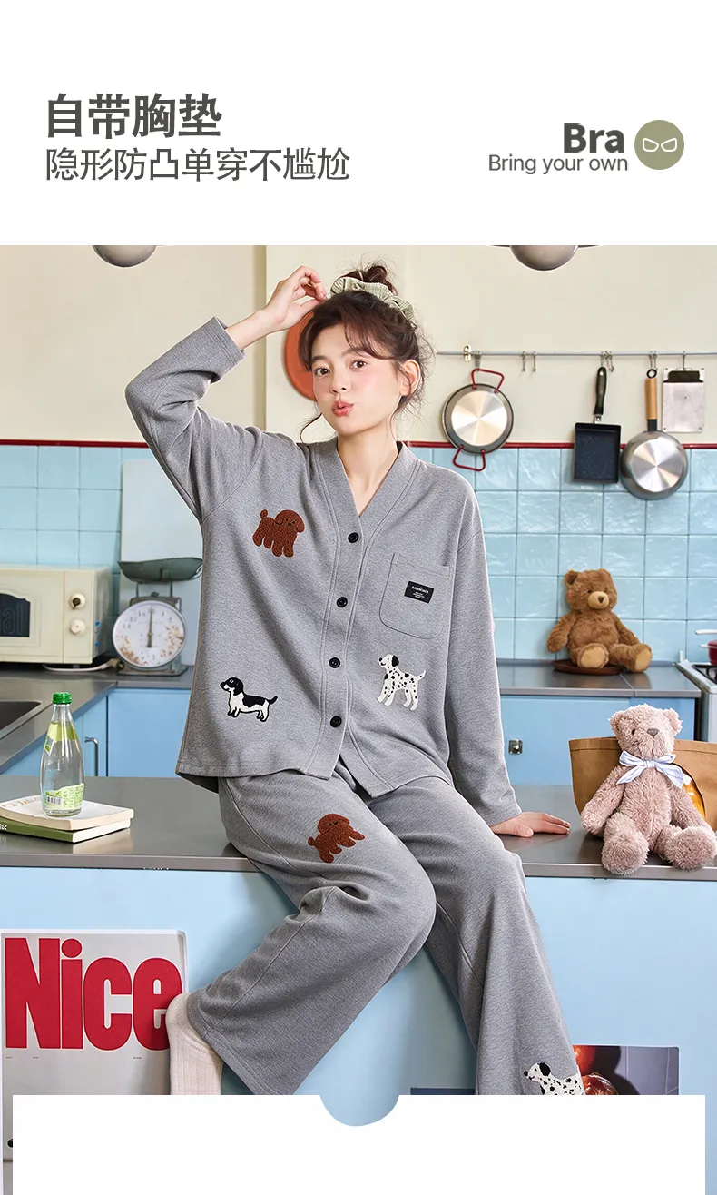 파자마 여성 가을겨울 신상 순면 달콤한 가슴패드 포함 카디건 파자마 여성 홈웨어 외출 세트 · 도매 · OEM · 전 세계 배송 - Detail 1