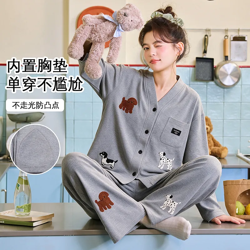 Pajamas Women Autumn Winter New Pure Cotton Sweet with Chest Pad Cardigan Pajamas Women Homewear Outer Wear Set · Wholesale · OEM · Worldwide Shipping