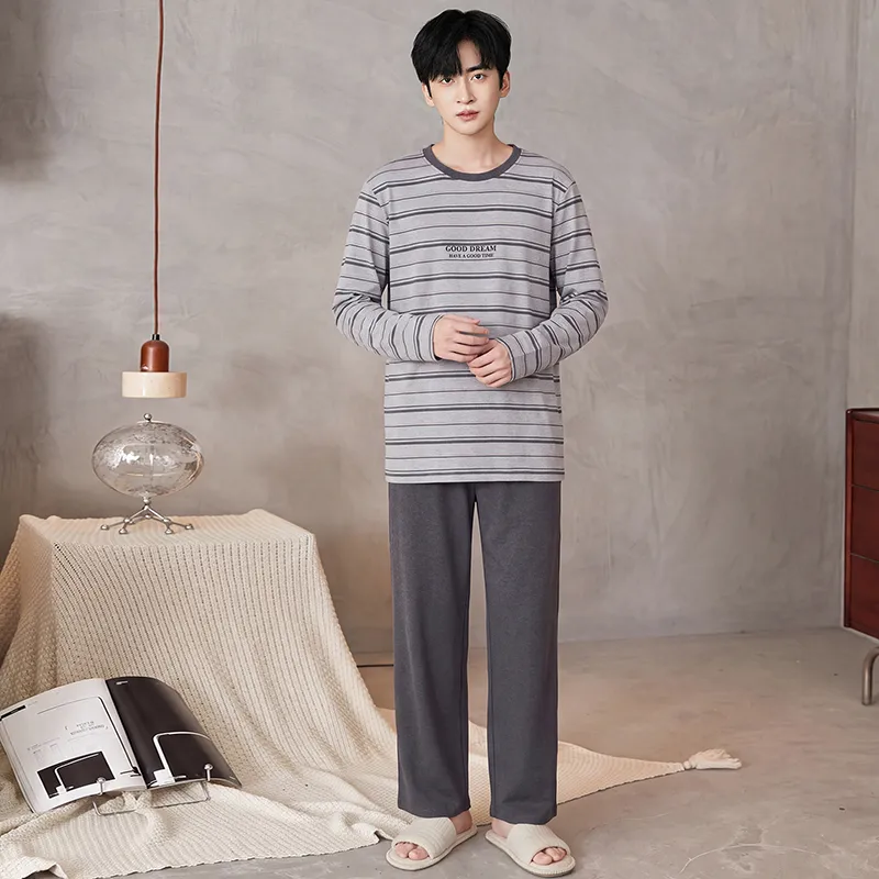 New Autumn/Winter Men's Sleepwear Double-Sided Pure Cotton Simple Pajamas Men's Wearable-Out Home Suit Set · Wholesale · OEM · Worldwide Shipping - View 2