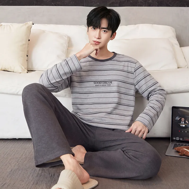 New Autumn/Winter Men's Sleepwear Double-Sided Pure Cotton Simple Pajamas Men's Wearable-Out Home Suit Set · Wholesale · OEM · Worldwide Shipping