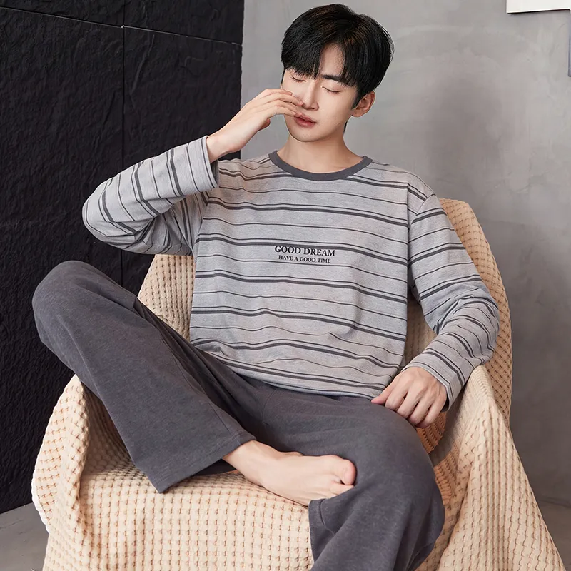 New Autumn/Winter Men's Sleepwear Double-Sided Pure Cotton Simple Pajamas Men's Wearable-Out Home Suit Set · Wholesale · OEM · Worldwide Shipping - View 3