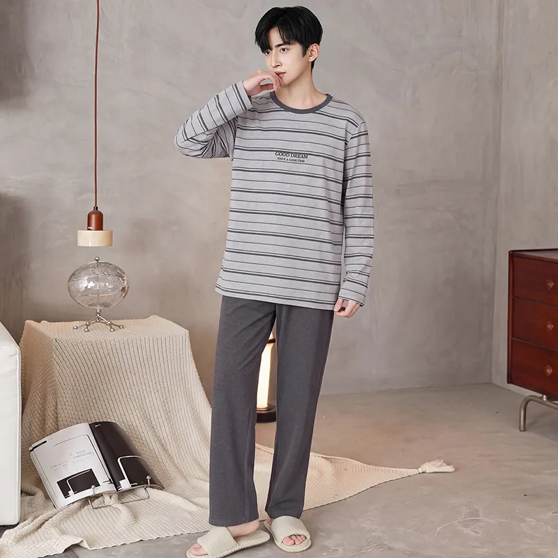 New Autumn/Winter Men's Sleepwear Double-Sided Pure Cotton Simple Pajamas Men's Wearable-Out Home Suit Set · Wholesale · OEM · Worldwide Shipping - View 1